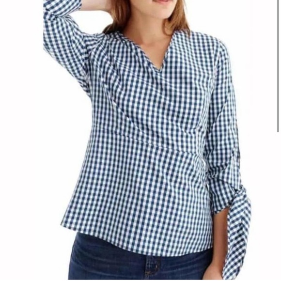 Universal Standard for J.Crew NWT Blue White Gingham Tie Sleeve Cutout Shirt - Picture 4 of 16